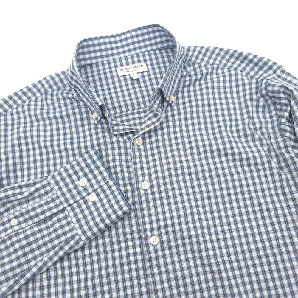 Peter Millar Summer Comfort Mens Large Blue Plaid Long Sleeve Button Down Shirt